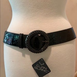 Black Patent Crocco Belt with Jet Black Crystals